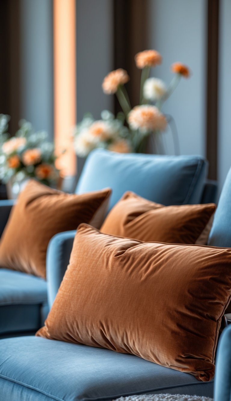 Burnt orange velvet throw pillows on dusty blue lounge furniture arranged in a cozy seating area.